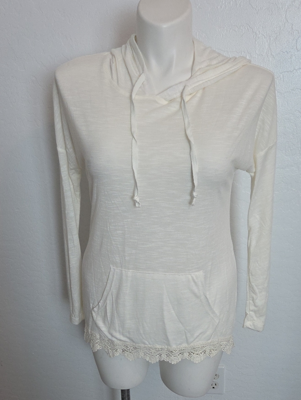 Wallflower Cream Hooded Pullover with Lace Trim